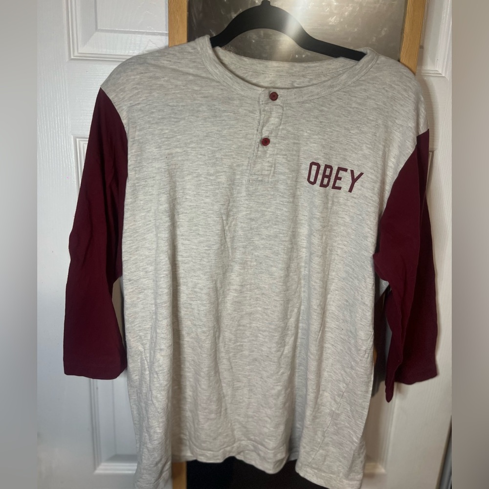 Obey Men's Henley T-Shirt, Quarter Sleeve, Size L.
